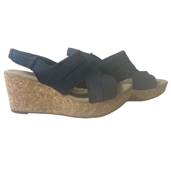 Clarks Collection Sandals Blue Nubuck Sling Back Open Toe Wedge Women's Sz 7.5 W - Picture 4 of 11